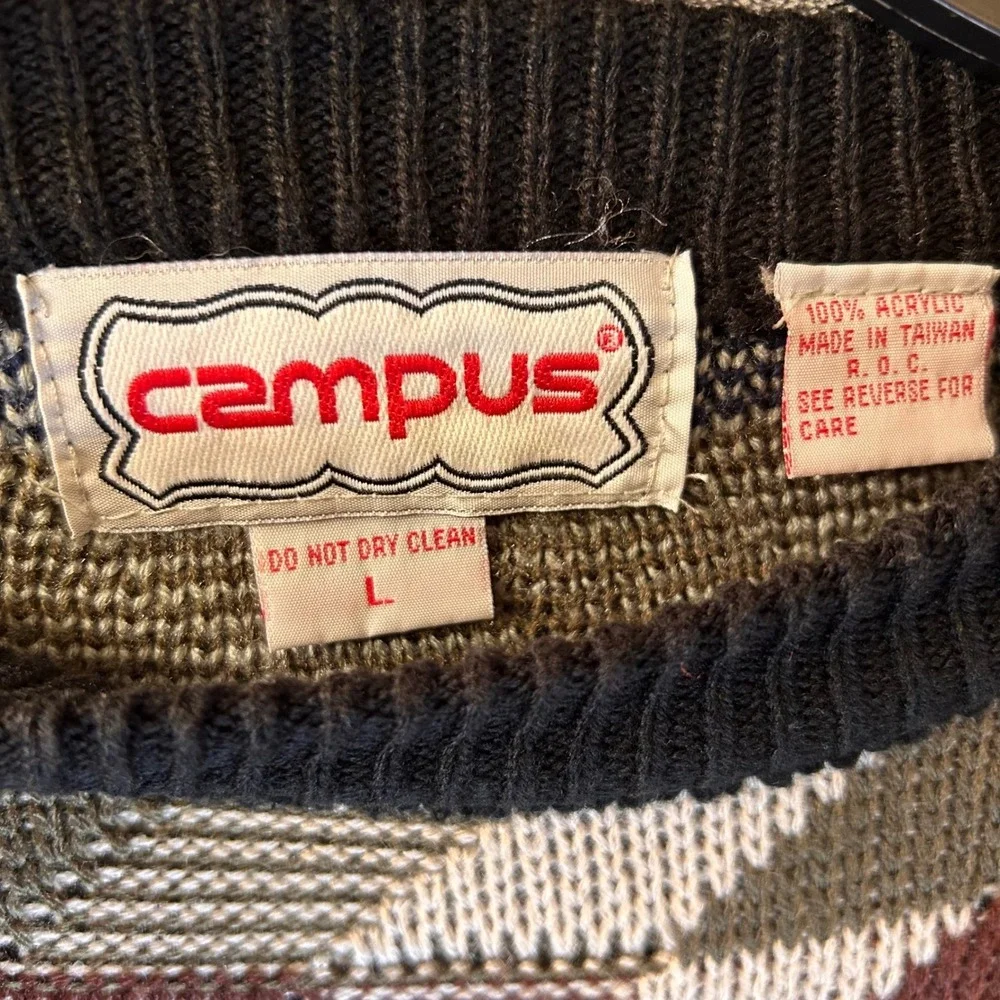 VTG Campus Sweater Mens L Coogi Style Geometric Pattern Knit Pullover Crew Neck